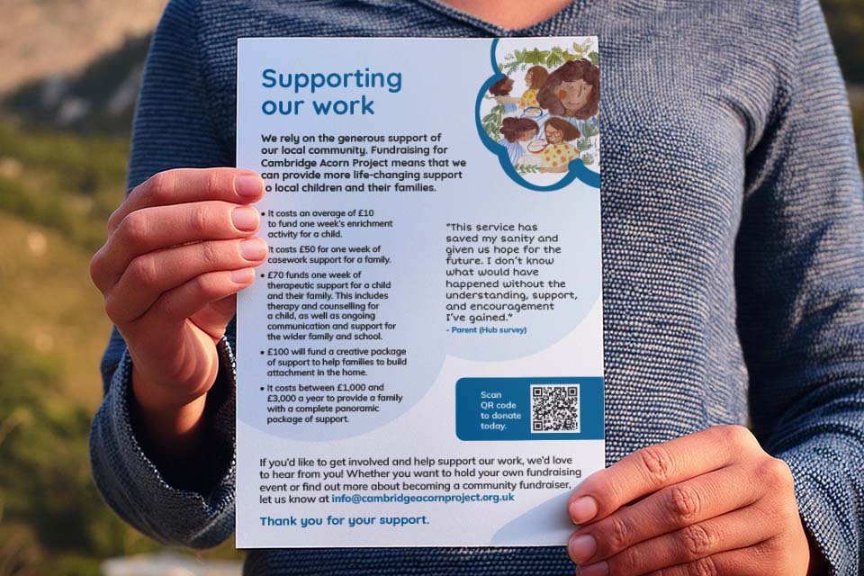 A person holding a flyer that explains support for a community project, with a QR code for donations.