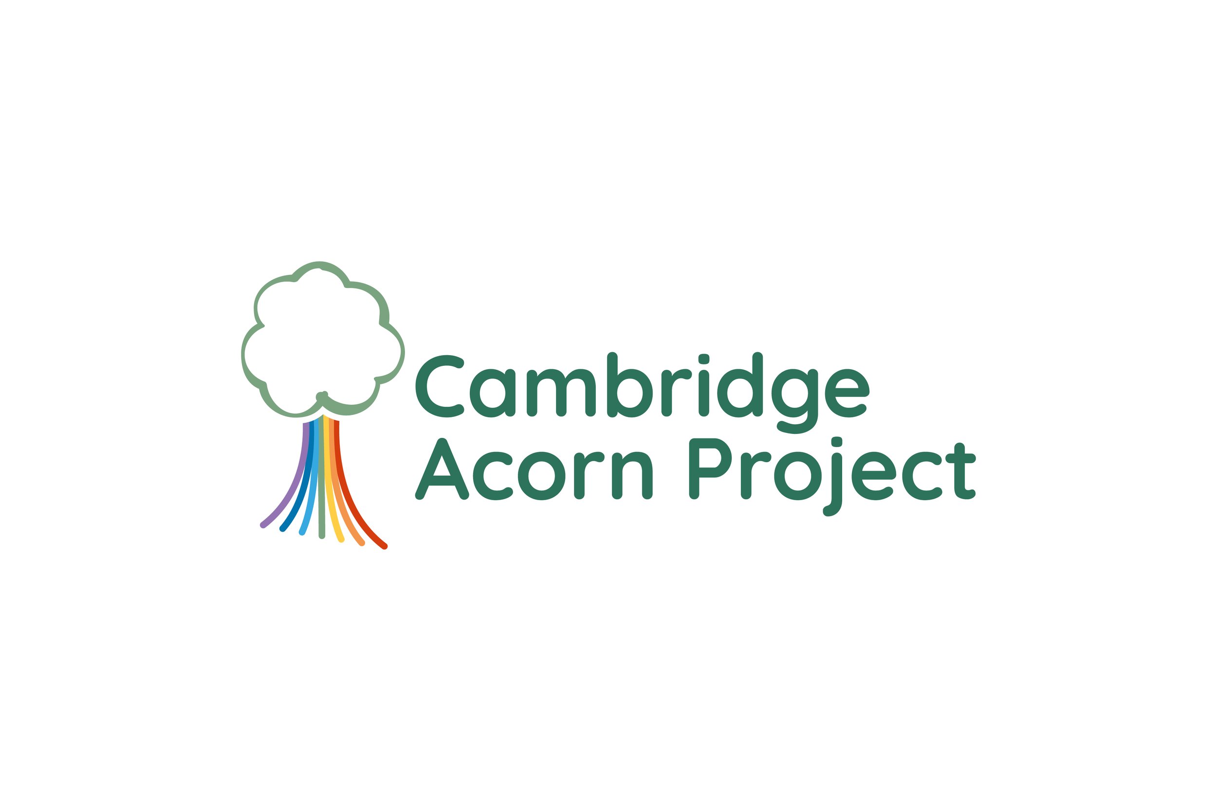 Logo of the Cambridge Acorn Project featuring a stylized tree with rainbow-colored roots