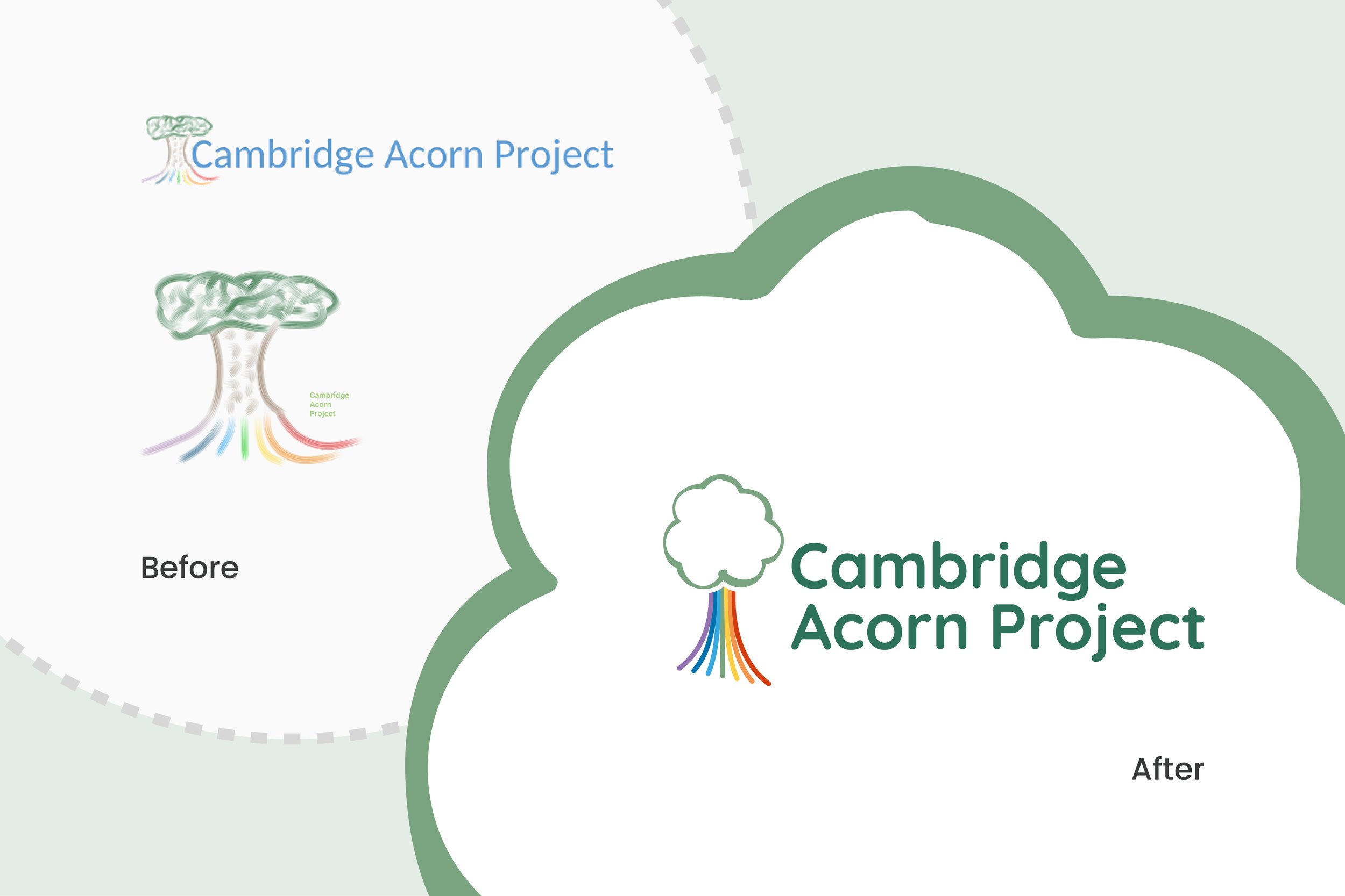 Comparison of logo designs; 'Before' version has a smaller tree with multicolored roots and text, 'After' version has a larger tree with multicolored roots and larger text for 'Cambridge Acorn Project'