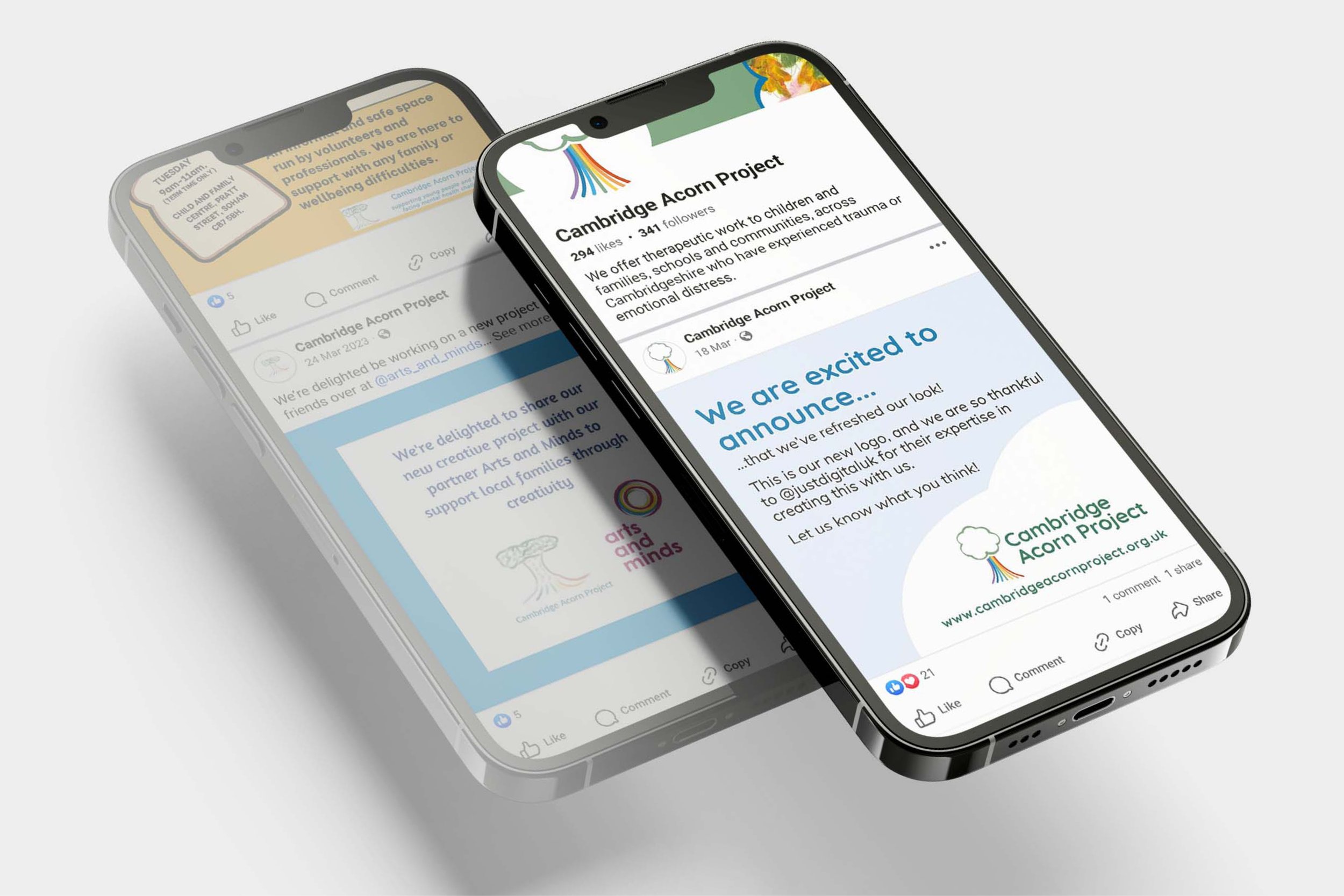 Two smartphones displaying posts about the Cambridge Acorn Project, with colorful logos and text announcing a new logo and project details.