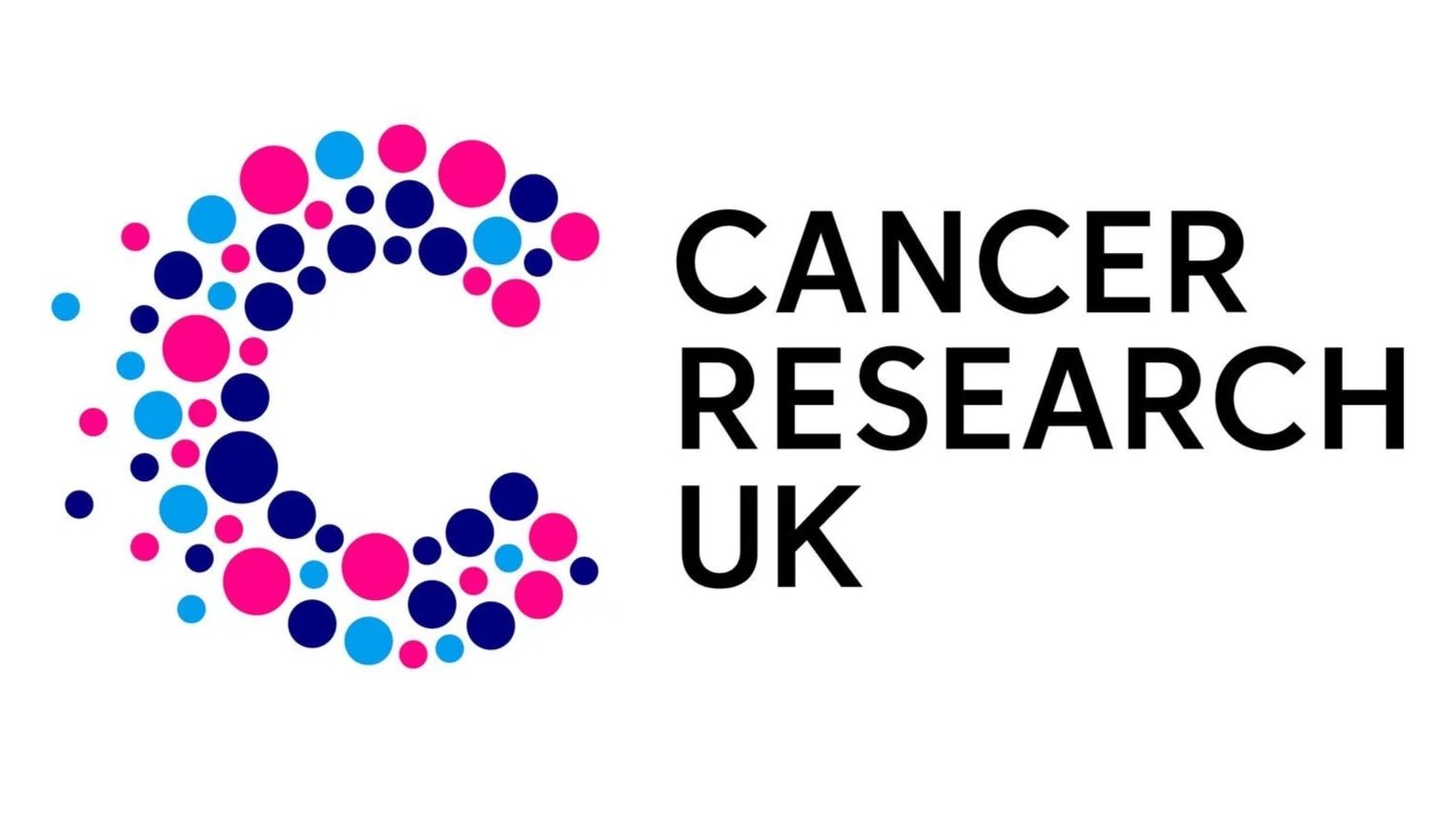 Logo for Cancer Research UK featuring a stylized letter C made of pink, blue, and navy dots alongside the text 'CANCER RESEARCH UK' in black.