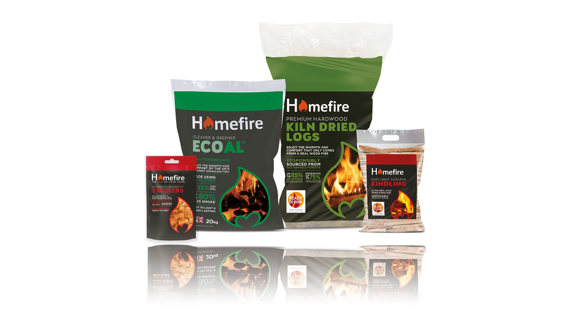 Collection of wood-burning fire starter products, including kiln dried logs, ECOAL wood fuel, twizlers firelighters, and kindling, with packaging display and reflections.