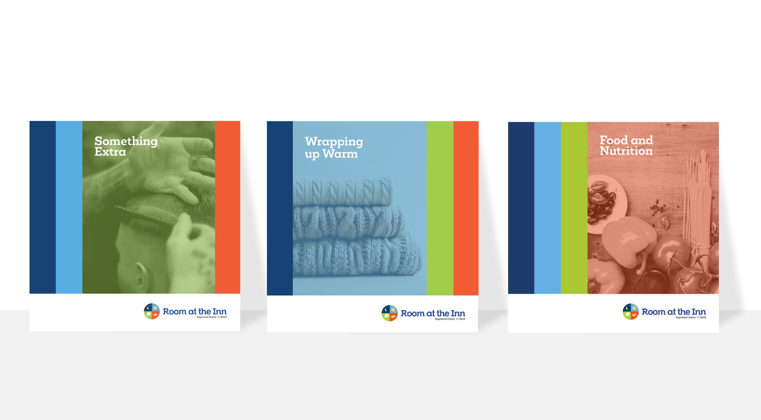 Three booklets with colorful covers titled "Something Extra," "Wrapping up Warm," and "Food and Nutrition," featuring images related to their topics, and the logo of Room at the Inn at the bottom.