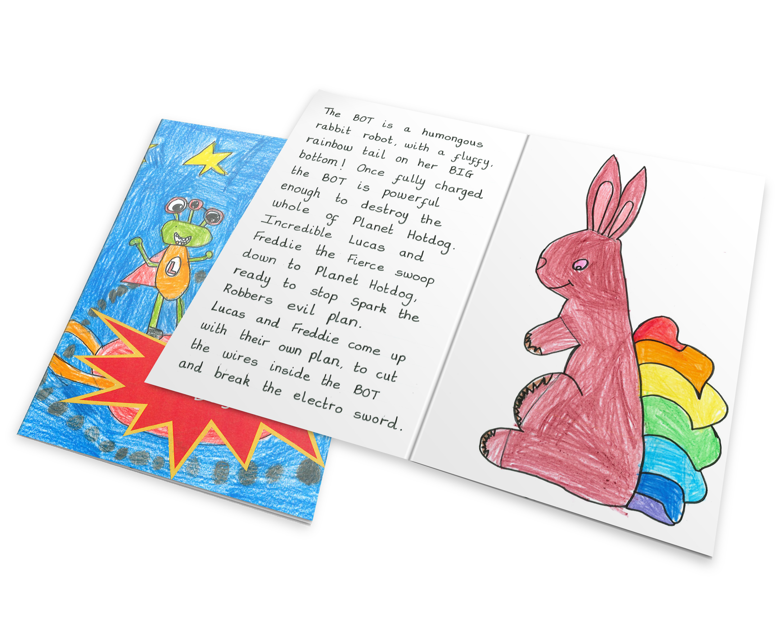 Colorful children's drawing and handwritten story about a robot rabbit with a rainbow tail fighting a hotdog-shaped robot.