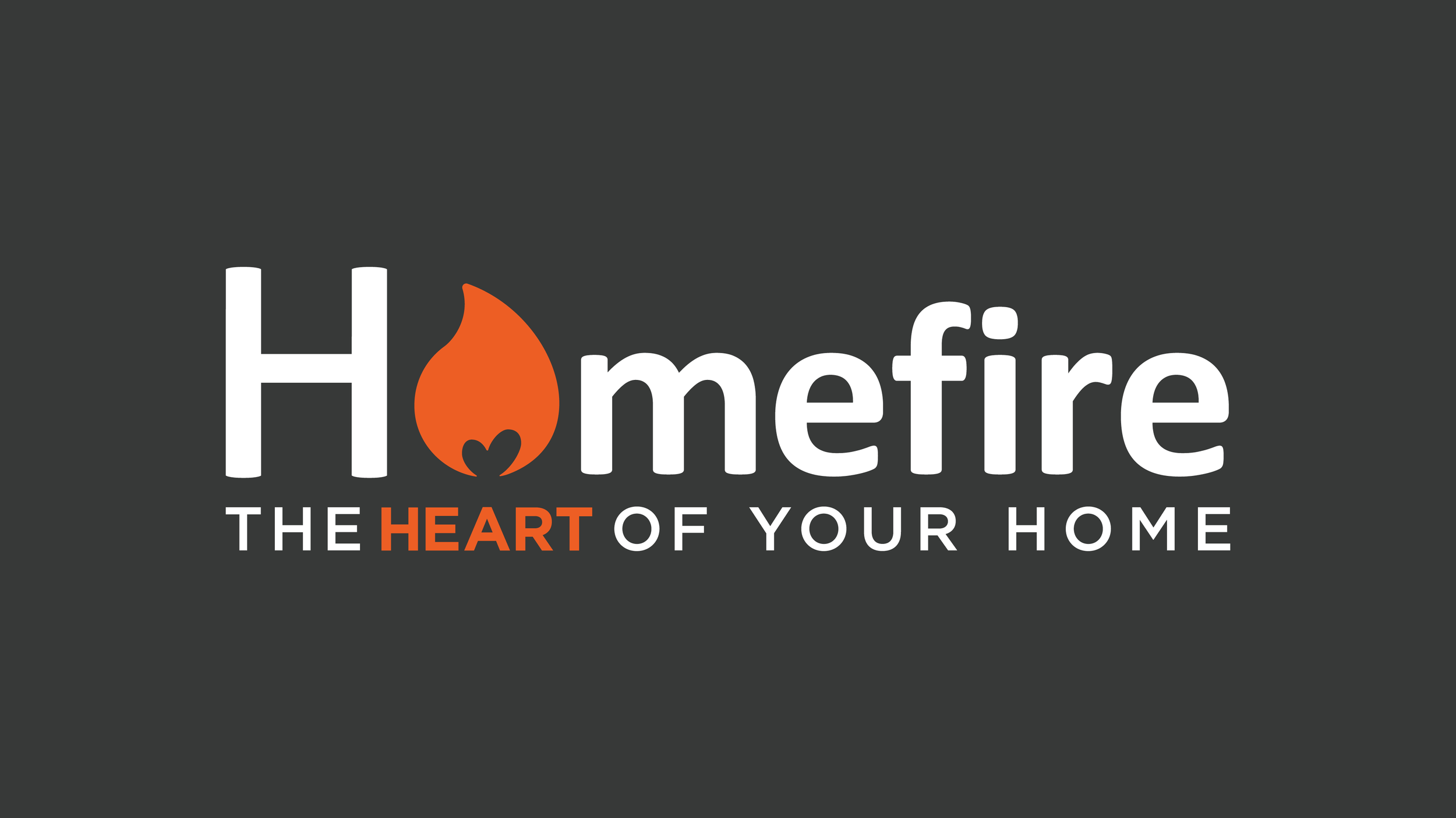 Homefire logo with a flame icon replacing the letter 'o' and the tagline, 'The heart of your home,' on a dark background.