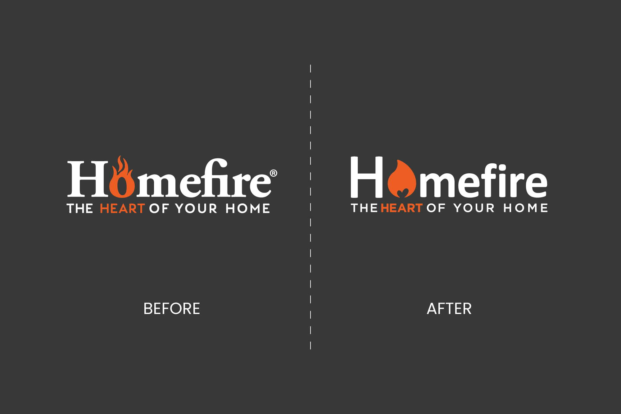 Comparison of logo designs for Homefire. The previous logo features a flame with a small hearth inside, with the tagline 'The Heart of Your Home'. The updated logo replaces the flame with a simplified icon of a hearth, maintaining the same tagline.