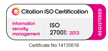 ISO 27001:2013 certification badge showing registration status with a certificate number.