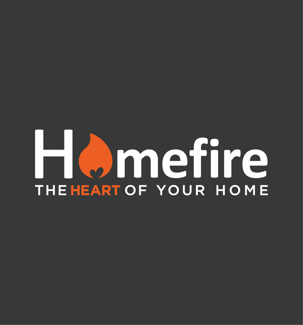 Homefire logo with text 'The heart of your home' and a flame icon replacing the 'o' in 'Homefire'