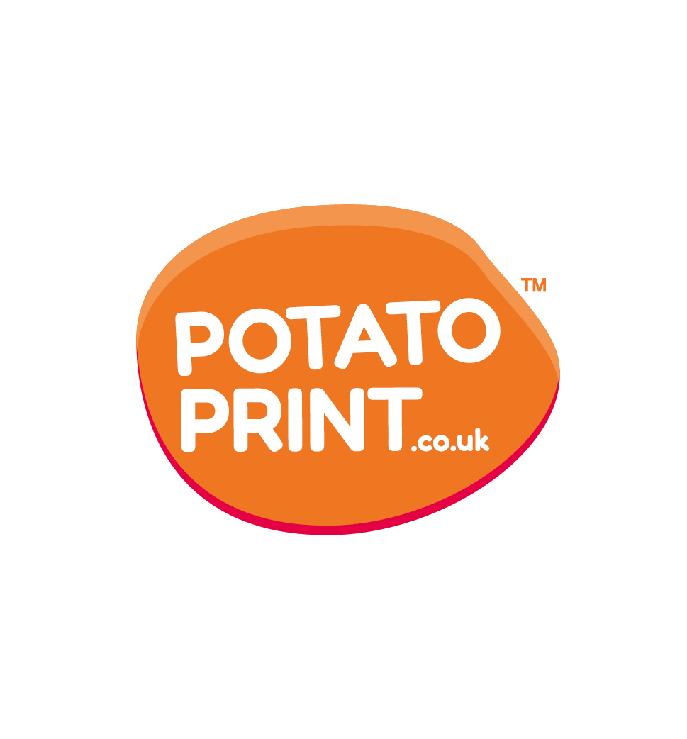 Logo for Potato Print with orange and pink colors and the website URL .co.uk