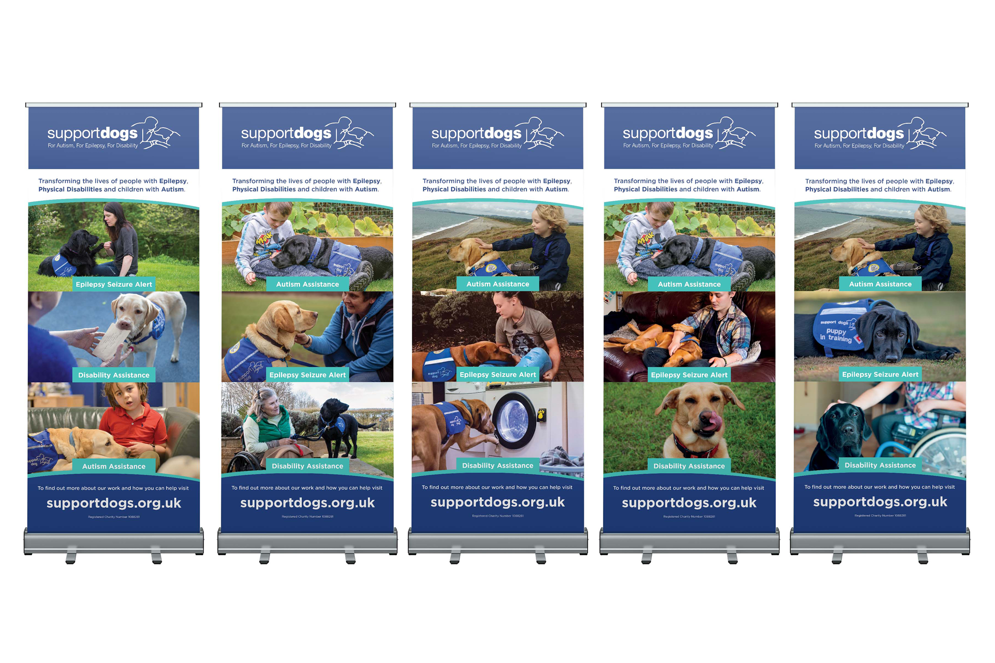 Five supporting banners for supportdogs.org.uk, showing dogs and children with disabilities, and text about epilepsy seizure alert, autism assistance, disability assistance, and autism assistance.